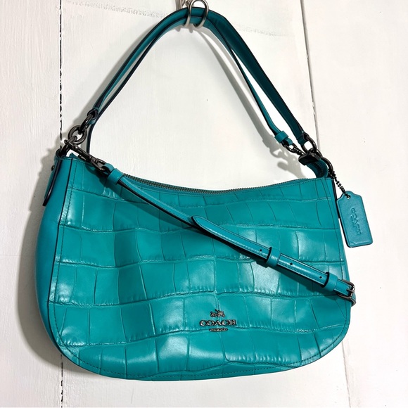 Coach Chelsea Crossbody Shoulder Turquoise Blue Croc Embossed Leather Bag 37733 - Picture 2 of 8